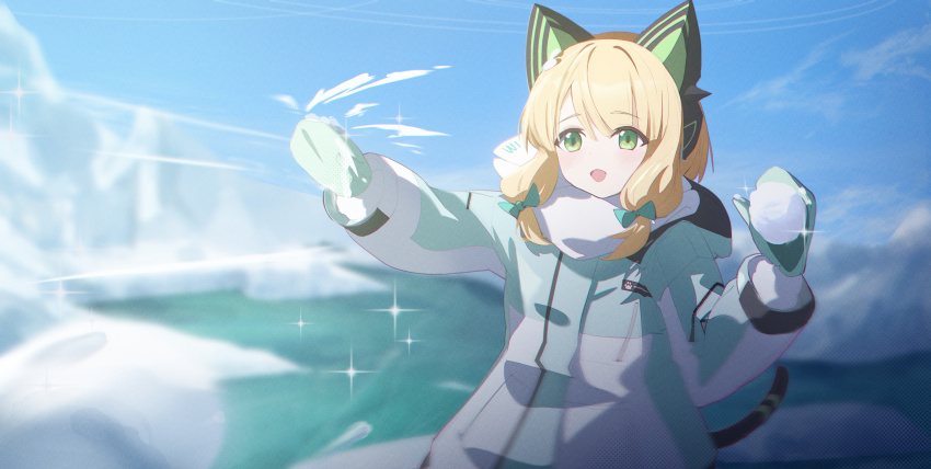 1girl :d absurdres animal_ear_headphones animal_ears aqua_coat blonde_hair blue_archive blurry blurry_background blush bow cat_ear_headphones cat_tail chinese_commentary chromatic_aberration coat commentary_request day depth_of_field fake_animal_ears fake_tail film_grain green_bow green_eyes green_mittens hair_bow halftone hand_up hayate_(1034853996) headphones highres holding holding_snowball hood hood_down hooded_coat long_sleeves low-tied_sidelocks medium_hair midori_(blue_archive) midori_(winter)_(blue_archive) mittens multicolored_coat no_halo official_alternate_costume open_mouth outdoors outstretched_arm print_scarf scarf scarf_bow shadow sidelocks sky smile snow snowball snowball_fight solo sparkle tail text_print throwing upper_body water white_scarf winter winter_clothes winter_coat zipper zipper_pull_tab