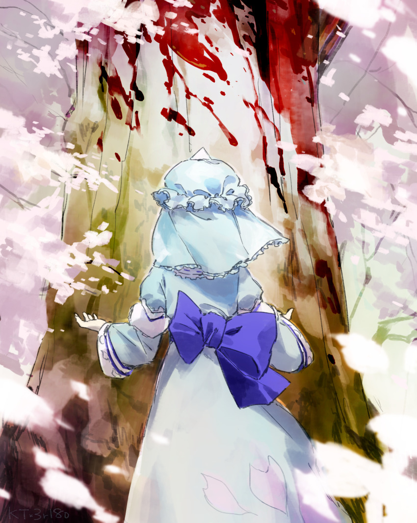 1girl blood blue_bow blue_hat blue_kimono blue_sash blurry blurry_foreground bow branch cherry_blossoms commentary_request cowboy_shot falling_petals from_behind hat highres japanese_clothes kaigen_1025 kimono long_sleeves mob_cap obi partial_commentary petal_print petals saigyou_ayakashi saigyouji_yuyuko sash solo standing touhou tree triangular_headpiece veil wide_sleeves