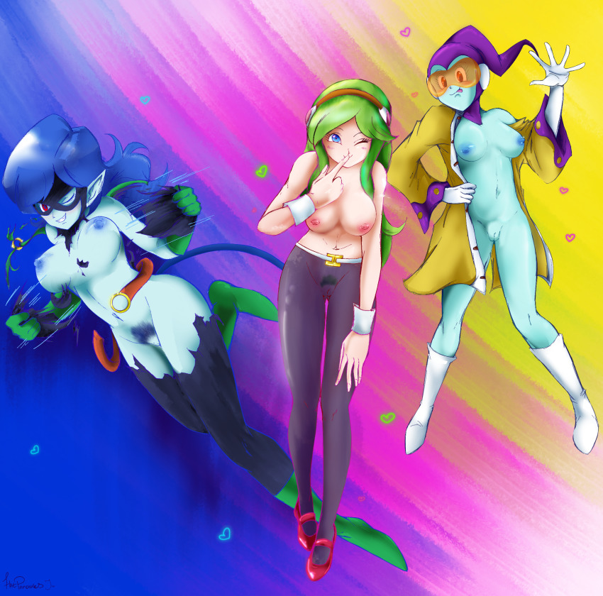 3girls alien blue_hair blue_nipples blue_skin breasts brianne_de_chateau colored_nipples colored_skin dragon_ball dragon_ball_super flatpancakesjim green_hair heart highres open_jacket kakunsa leaning_forward looking_at_viewer medium_breasts multiple_girls one_eye_closed pubic_hair ribrianne rozie simple_background torn_clothes tournament_of_power wink