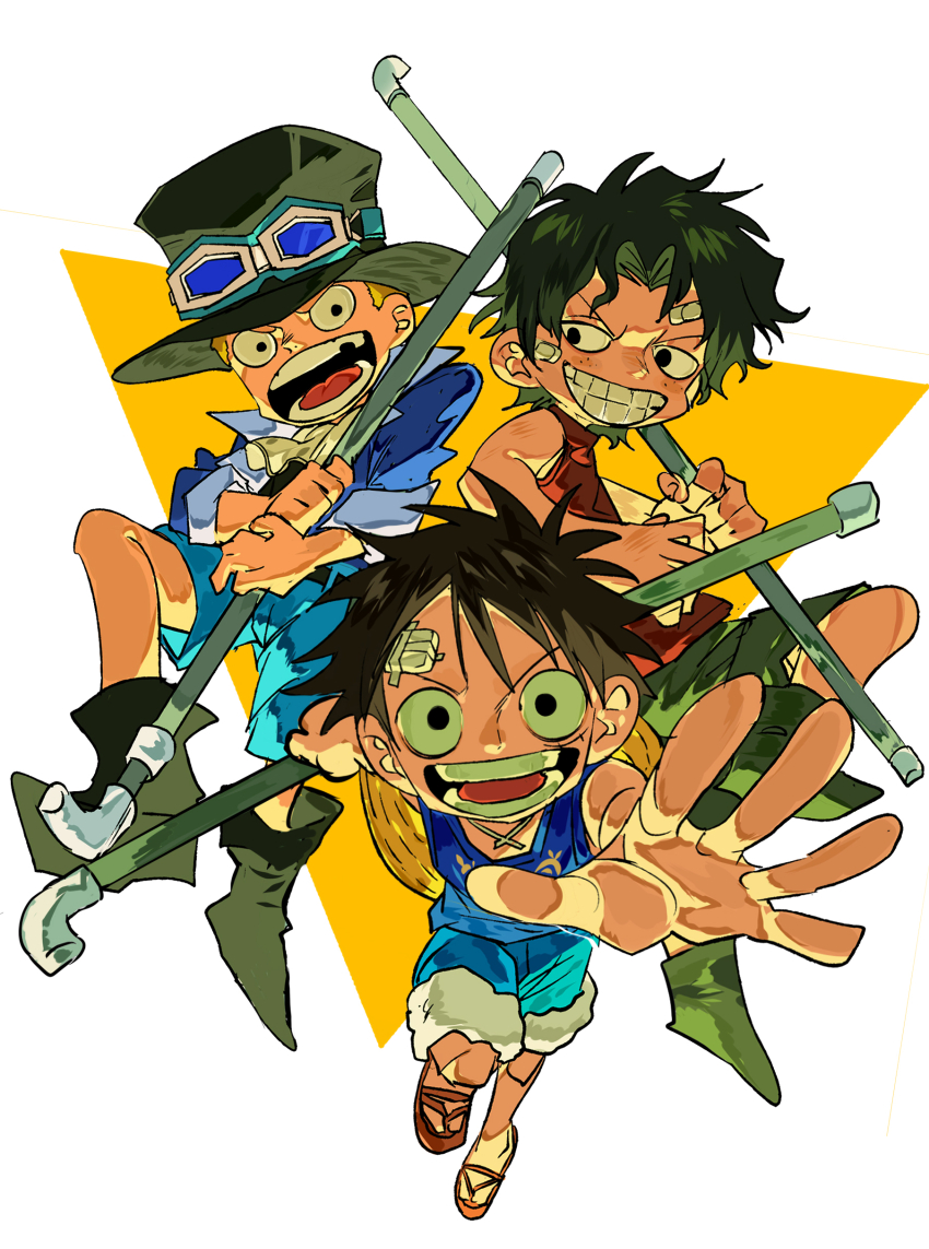 3boys absurdres aged_down bandaid bandaid_on_face black_hair blonde_hair blue_coat blue_tank_top boots brothers child coat freckles full_body goggles goggles_on_headwear hashtag-only_commentary hat highres holding looking_at_viewer looking_to_the_side male_focus monkey_d._luffy multiple_boys one_piece portgas_d._ace sabo_(one_piece) sandals shirt siblings smile tank_top top_hat triangle xi_luo_an_ya