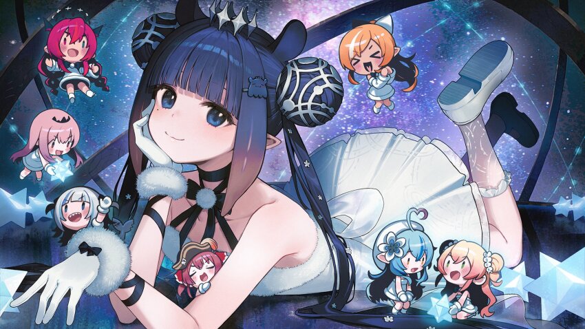 &gt;_&lt; 6+girls :d ahoge alternate_costume beret blonde_hair blue_hair blush character_hair_ornament closed_eyes commentary crystal detached_sleeves double_bun dress english_commentary flower fur-trimmed_dress fur-trimmed_gloves fur_trim gawr_gura gloves hair_bun hair_flower hair_ornament halo hat head_rest heart heart_ahoge heart_in_mouth heterochromia highres hololive hololive_english horns houshou_marine irys_(hololive) long_hair looking_at_another looking_at_viewer lying mini_person minigirl mittens mole mole_under_eye momosuzu_nene mori_calliope multicolored_hair multiple_girls ninomae_ina&#039;nis ninomae_ina&#039;nis_(artist) official_art on_stomach open_mouth outstretched_arms pink_hair pirate_hat pointy_ears pom_pom_(clothes) purple_eyes purple_hair red_hair sharp_teeth shiranui_flare smile star_(sky) starry_sky_background strapless strapless_dress streaked_hair takodachi_(ninomae_ina&#039;nis) teeth tentacle_hair tiara virtual_youtuber white_dress white_footwear white_gloves white_hair white_mittens yukihana_lamy |_|