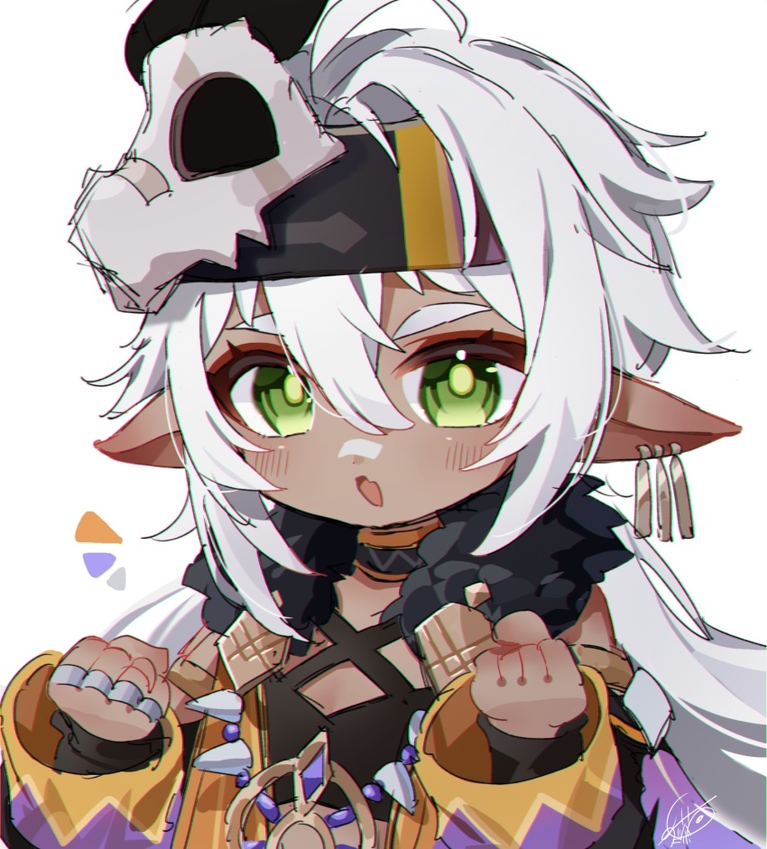 1girl :o animal_skull artist_name black_choker black_headband black_shirt black_sleeves blush choker clenched_hands clothing_cutout commentary_request crop_top dark-skinned_female dark_skin detached_sleeves earrings fang feathers fur_trim genshin_impact gold_earrings green_eyes hair_between_eyes hands_up headband highres iansan_(genshin_impact) jewelry long_hair looking_at_viewer low_twintails meda_cha multiple_earrings notice_lines open_mouth pointy_ears puffy_detached_sleeves puffy_sleeves shirt shoulder_cutout sidelocks signature simple_background skin_fang skull skull_on_head solo thick_eyebrows twintails upper_body white_background white_hair
