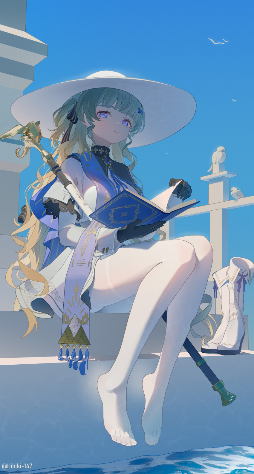 1girl absurdres black_bow black_collar black_gloves blonde_hair blue_sash blue_sky book boots bow breasts chinese_commentary closed_mouth collar commentary_request day gloves hair_bow hair_ornament hat hibiki-147 highres holding holding_book large_breasts long_hair long_sleeves looking_at_viewer no_shoes outdoors pantyhose partial_commentary phoebe_(wuthering_waves) purple_eyes sash shirt skirt sky smile solo staff striped_bow thighband_pantyhose toes turning_page unworn_boots very_long_hair water white_boots white_hat white_pantyhose white_shirt white_skirt wuthering_waves x_hair_ornament