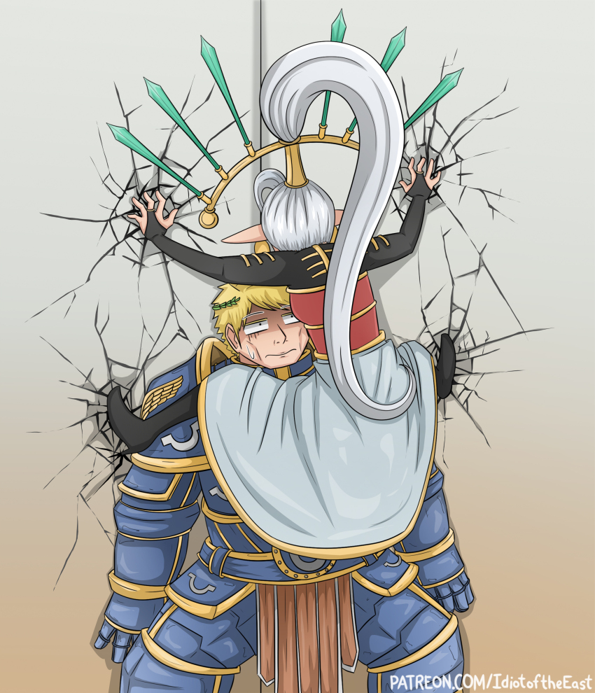 1boy 1girl absurdres against_wall armor assertive_female blonde_hair blue_armor cicada_block_(meme) crack cracked_wall eldar hand_on_wall highres idiot_of_the_east kabedon laurel_crown long_hair meme pointy_ears ponytail power_armor primarch roboute_guilliman scared short_hair wall warhammer_40k white_hair yvraine