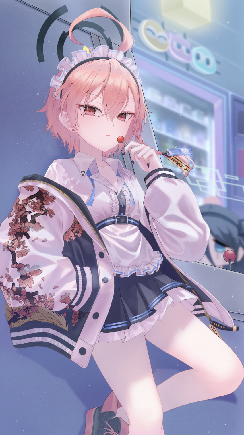 1girl 2girls absurdres ahoge apron arcade arcade_cabinet arcade_stick aris_(blue_archive) black_hair black_nails black_skirt blue_archive blue_eyes braid cameo candy cherry_blossom_print chupa_chups commentary_request controller dong_hawn dragon_print floral_print food frilled_apron frills game_controller hair_between_eyes hair_ornament hairband halo hand_in_pocket highres indoors jacket joystick leaning_back lollipop long_bangs long_hair long_sleeves looking_at_viewer maid maid_apron maid_headdress medium_hair millennium_science_school_logo mole mole_under_eye multiple_girls nail_polish neru_(blue_archive) open_clothes open_jacket parted_lips print_jacket puyo_(puyopuyo) puyopuyo red_eyes red_hair shirt shoes sidelocks single_braid skirt sneakers solo solo_focus standing standing_on_one_leg sukajan vending_machine waist_apron white_apron white_shirt