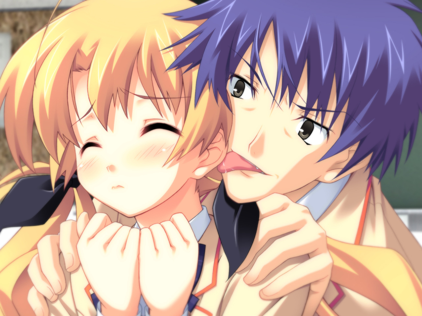 00s 1boy 1girl 5pb. blonde_hair blue_hair blush chaos;head close-up ear_licking closed_eyes game_cg grey_eyes hair_ribbon hetero hug licking long_hair matsuo_yukihiro nishijou_takumi orihara_kozue ribbon saliva school_uniform short_hair tongue twintails wince you_gonna_get_raped
