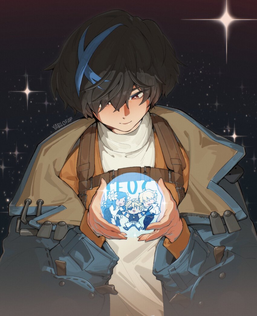 1girl absurdres alohapz androgynous black_hair blue_jacket blue_streaks brown_eyes commentary dizzy_(guilty_gear) glowing guilty_gear guilty_gear_strive guilty_gear_strive:_dual_rulers hair_over_one_eye harness highres holding holding_orb jacket ky_kiske looking_down multicolored_hair open_clothes open_jacket orb queen_dizzy short_hair sin_kiske smile solo sparkle streaked_hair sweater turtleneck turtleneck_sweater unika_(guilty_gear) white_sweater