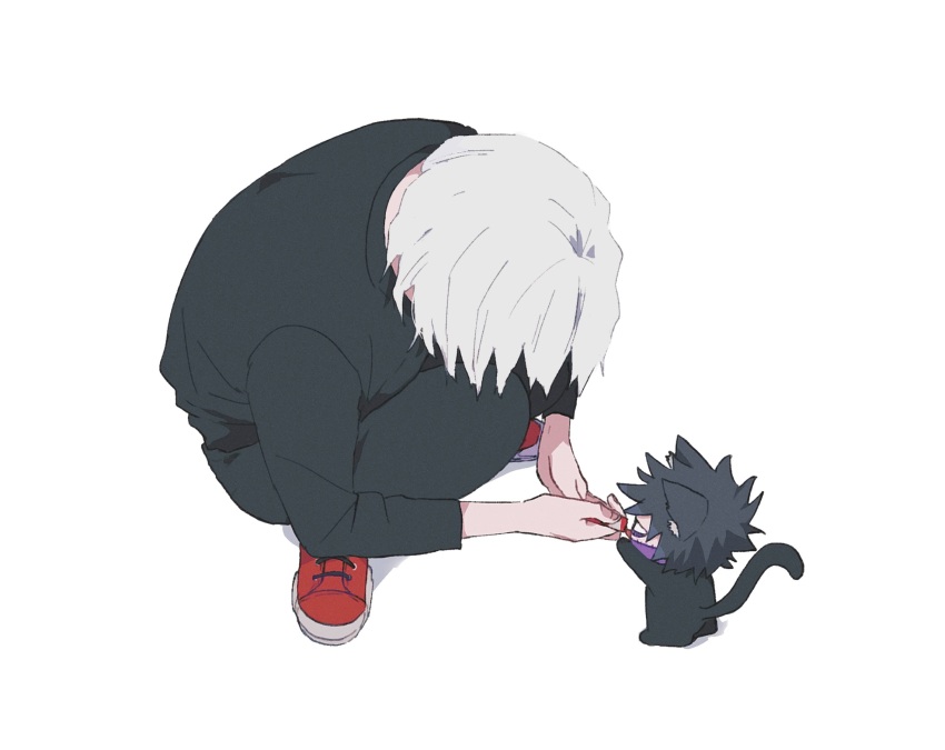 2boys ametaro_(ixxxzu) animal_ears black_hair black_pants black_sweater blue_eyes boku_no_hero_academia burn_scar cat_ears cat_tail cheek_piercing dabi_(boku_no_hero_academia) face_piercing grey_hair highres male_focus multiple_boys multiple_scars pants piercing red_eyes red_footwear scar scar_on_face shigaraki_tomura short_hair simple_background spiked_hair squatting staple stapled sweater tail white_background wrinkled_skin