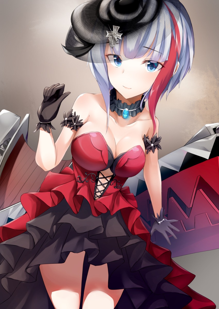1girl admiral_graf_spee_(azur_lane) alternate_breast_size alternate_costume arm_scrunchie azur_lane blue_eyes blue_gemstone blush breasts choker cleavage closed_mouth cross dress female_focus flamenco gem gloves hand_up hat hayami_yoichi highres iron_cross large_breasts looking_at_viewer machinery multicolored_hair red_dress red_hair rigging short_hair sidelocks silver_hair smile solo strapless strapless_dress streaked_hair thighs