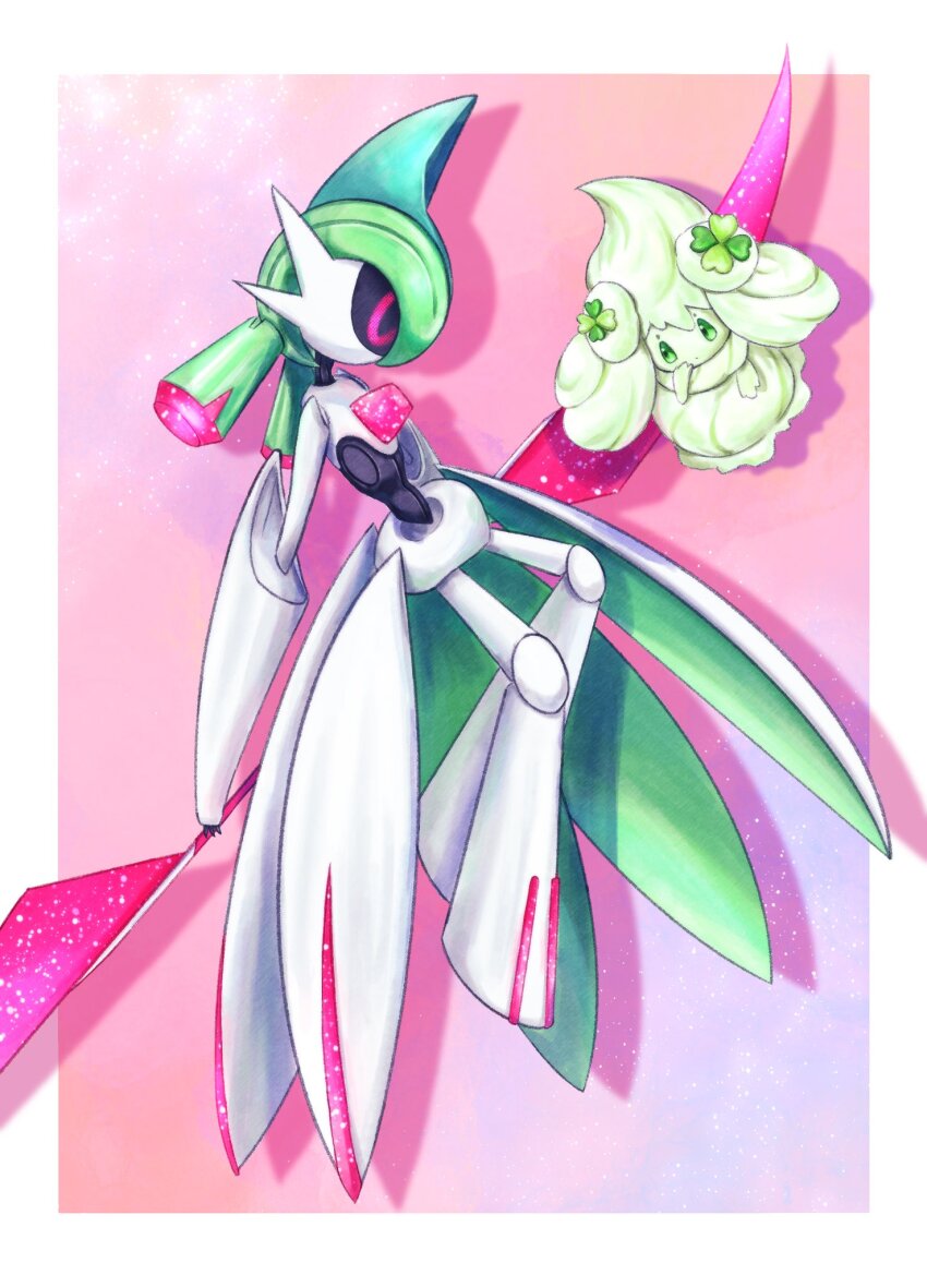 alcremie alcremie_(clover_sweet) armor gen_8_pokemon green_eyes highres holding holding_weapon humanoid_robot iron_valiant low_twintails nintendo nnnemda pink_background pink_eyes pokemon pokemon_(creature) robot twintails waist_cape weapon white_armor
