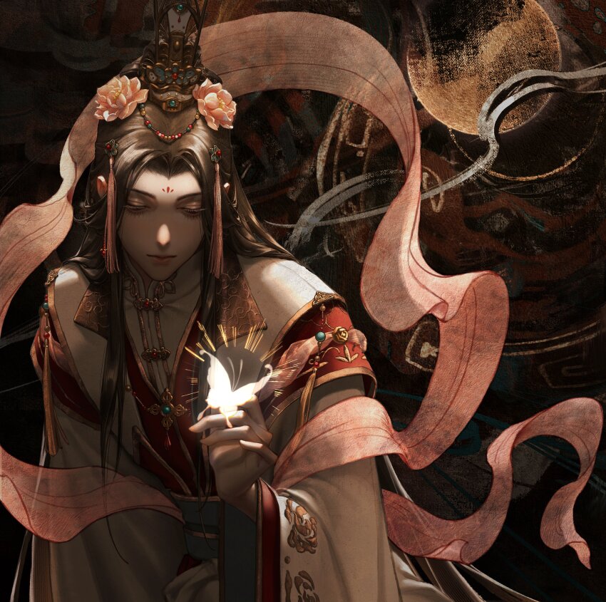 1boy abstract_background absurdres arm_at_side beads bishounen brown_hair brown_theme bug butterfly butterfly_on_hand chiaroscuro chinese_clothes chinese_peony closed_mouth curtained_hair dark_background earrings embroidered_sleeves embroidery facing_viewer flower gem glowing glowing_butterfly gold gold_necklace gold_theme gold_trim hair_beads hair_bun hair_flower hair_ornament hair_over_shoulder hairpin half-closed_eyes hand_up hanfu happy high_collar highres huadian insect jade_(gemstone) jewelry lapels light_rays light_smile limited_palette long_eyelashes long_hair long_sidelocks looking_at_animal looking_down male_focus necklace notched_lapels parted_bangs pearl_(gemstone) pearl_earrings peony_(flower) pink_flower pink_shawl pink_theme puffy_lips red_gemstone red_hanfu red_theme shawl sidelocks single_hair_bun straight_hair tassel tassel_hair_ornament thick_eyelashes tianguan_cifu two-tone_hanfu upper_body very_long_hair warm_colored white_butterfly white_hanfu white_theme wide_sleeves xiangyun xiao_guan_(headdress) xie_lian xie_lian_(flower_crowned_martial_god) yuumeenoo0222