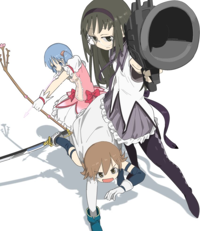 3girls aiming aiming_at_viewer aioi_yuuko akemi_homura akemi_homura_(cosplay) akemi_homura_(magical_girl) argyle_clothes argyle_pantyhose arrow_(projectile) black_hairband blue_hair bow_(weapon) brown_hair cape cosplay cube_hair_ornament expressionless fubarmoe full_body glasses gloves gun hair_ornament hairband half-closed_eyes highres holding holding_arrow holding_bow_(weapon) holding_weapon jitome kaname_madoka kaname_madoka_(cosplay) kaname_madoka_(magical_girl) long_hair magical_girl mahou_shoujo_madoka_magica miki_sayaka miki_sayaka_(cosplay) miki_sayaka_(magical_girl) minakami_mai multiple_girls naganohara_mio nichijou pantyhose puffy_short_sleeves puffy_sleeves short_hair short_sleeves submachine_gun sword uzi v-shaped_eyebrows weapon white_cape white_gloves
