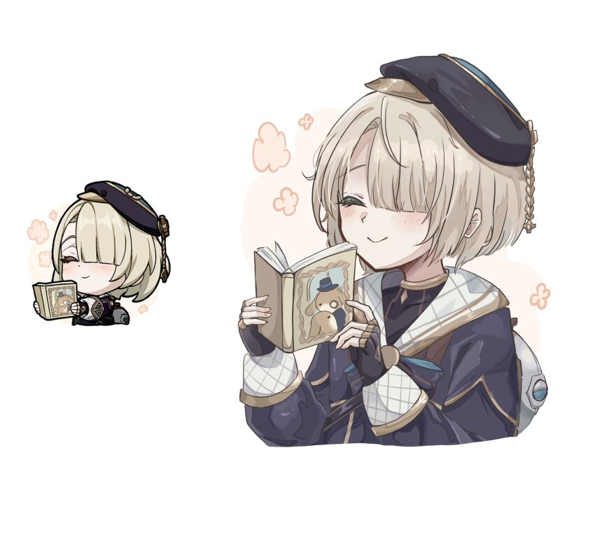 1boy bag beret black_gloves black_hat black_shirt blonde_hair blush book bow bowtie closed_eyes closed_mouth fingerless_gloves freminet_(genshin_impact) genshin_impact genshin_impact_sticker_redraw_(meme) gloves hair_over_one_eye hands_up hat hat_ornament highres holding holding_book jacket jewelry long_sleeves male_focus meme open_book puffy_long_sleeves puffy_sleeves purple_jacket ring shirt short_hair smile solo upper_body vanillashiii
