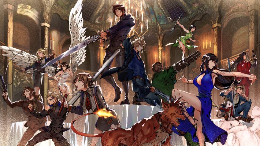 5girls 6+boys alternate_costume angel_wings arm_cannon barret_wallace breasts cait_sith_(final_fantasy) cid_highwind cleavage cloud_strife dark-skinned_male dark_skin dress fighting_stance final_fantasy final_fantasy_vii final_fantasy_viii formal_clothes gatling_gun gun gunblade handgun highres in-franchise_crossover irvine_kinneas large_breasts moogle multiple_boys multiple_girls nunchaku official_alternate_costume polearm quistis_trepe red_xiii rinoa_heartilly seed_uniform_(ff8) selphie_tilmitt shio_ga shuriken spear squall_leonhart suit sword tifa_lockhart vincent_valentine weapon whip wings yuffie_kisaragi zell_dincht