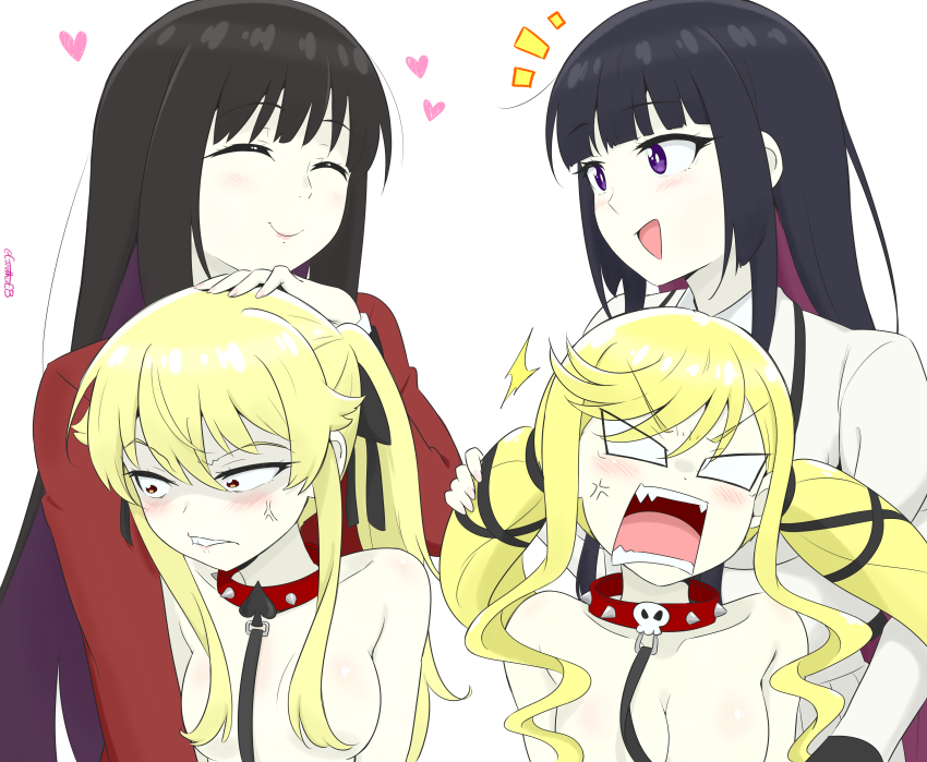 4girls absurdres anger_vein angry bdsm black_hair blank_eyes blonde_hair breasts brown_eyes closed_eyes closed_mouth clothed_female_nude_female collar color_connection crossover female_focus femdom garethue8 hair_censor hair_color_connection heart highres hime_cut hyakkaou_academy_school_uniform jabami_yumeko kakegurui kurogane_otoha large_breasts leash long_hair look-alike multiple_girls nude open_mouth petting purple_eyes rock_wa_lady_no_tashinami_deshite saotome_mary school_uniform sharp_teeth simple_background slave smile spiked_collar spikes suzunomiya_lilisa teeth trait_connection twintails very_long_hair white_background yuri