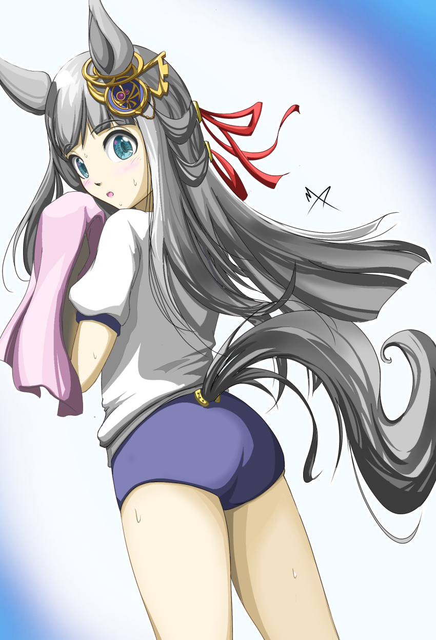 1girl absurdres animal_ears ass blue_eyes blunt_bangs blush chrono_genesis_(umamusume) commentary_request grey_hair hair_between_eyes hair_ornament highres horse_ears horse_girl looking_at_viewer mathiku open_mouth simple_background solo standing sweat thighs towel umamusume