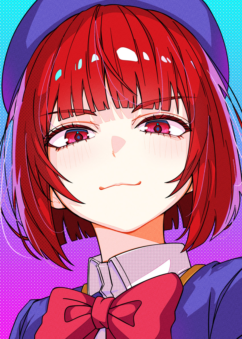 1girl absurdres arima_kana bob_cut bow closed_mouth gradient_background hat highres kynation looking_at_viewer oshi_no_ko red_eyes red_hair ribbon school_uniform short_hair simple_background smile solo youtou_high_school_uniform