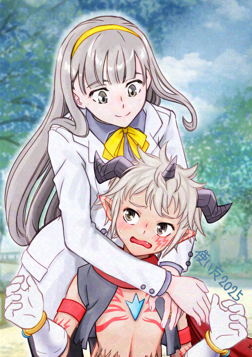 1boy 1girl absurdres aegiomon black_vest blurry blurry_background breasts chest_jewel cowboy_shot digimon digimon_(creature) digimon_story:_time_stranger facial_mark gloves goat_horns grey_eyes grey_hair grey_shirt highres horns hug hug_from_behind jacket misono_inori no_shirt pointy_ears shirt tsukaima_(vfcou) vest white_gloves white_jacket