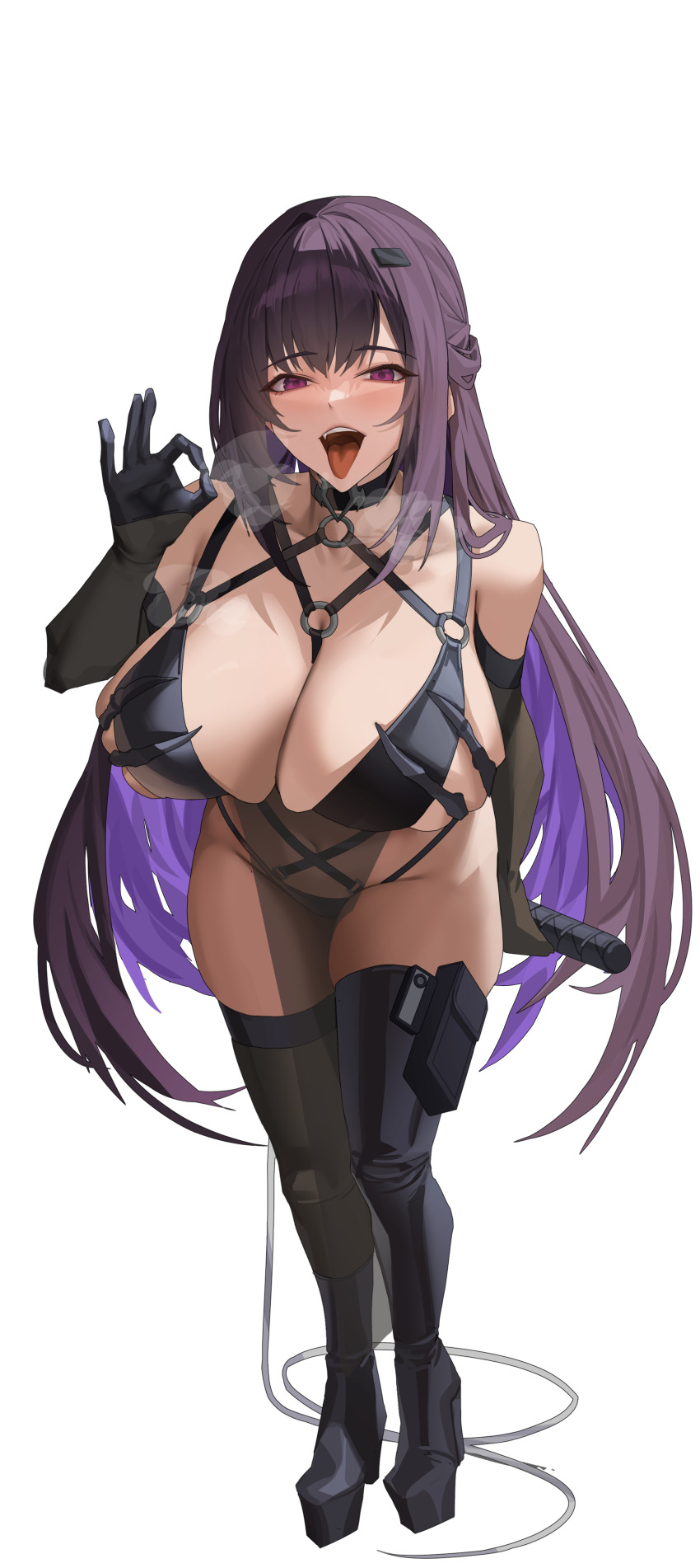 1girl absurdres bent_over black_choker black_hair breasts choker colored_inner_hair fellatio_gesture full_body goddess_of_victory:_nikke gong_dol_hong high_heels highres holding holding_leash huge_breasts leaning_forward leash long_hair looking_at_viewer mihara_(bonding_chain)_(nikke) mihara_(nikke) multicolored_hair navel official_alternate_costume open_mouth purple_eyes purple_hair simple_background skin_tight solo steam steaming_body thick_thighs thighhighs thighs tight_clothes tongue tongue_out white_background