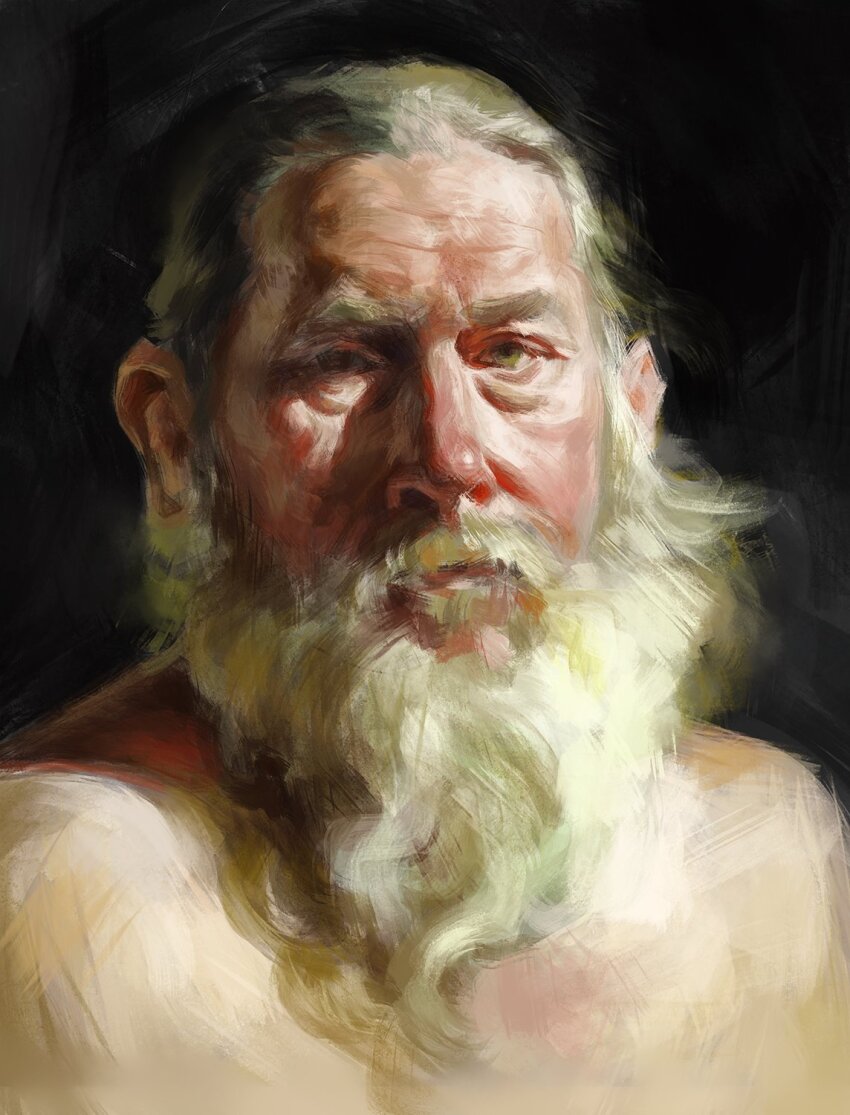 1boy beard black_background closed_mouth facial_hair full_beard grey_eyes grey_hair highres long_beard looking_at_viewer male_focus old old_man original painterly realistic solo topless_male vorueg