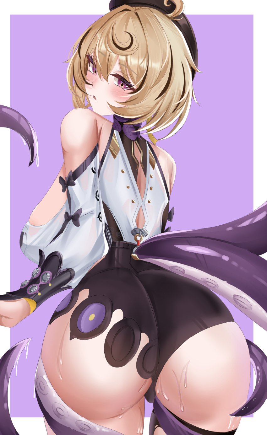 1girl absurdres areola_slip ass asymmetrical_shorts bare_shoulders beret black_bow black_hat blonde_hair blush border bow breasts commentary_request cowboy_shot detached_sleeves from_behind half-closed_eyes hat high-waist_shorts highres kuro_(blackpgmickey) large_breasts looking_at_viewer looking_back mole mole_under_mouth monster_girl open_mouth purple_background purple_eyes scylla shirt short_hair shorts single_thighhigh solo suction_cups sweat tentacle_girl tentacle_tail tentacles thighhighs torn_clothes torn_thighhighs white_border white_shirt white_sleeves yidhari_murphy zenless_zone_zero