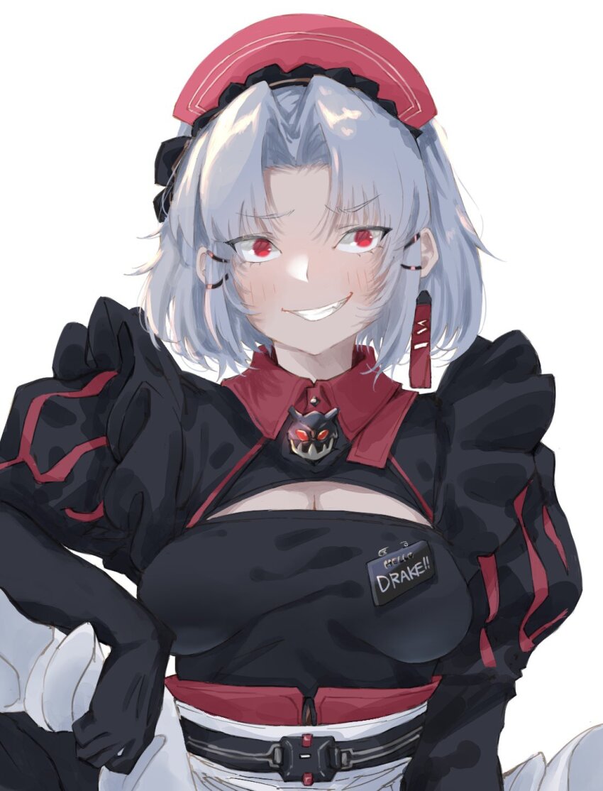1girl alternate_costume black_dress blush breasts character_name closed_mouth drake_(maid_for_villain)_(nikke) drake_(nikke) dress earrings enmaided frilled_dress frills goddess_of_victory:_nikke grin highres hii_(motorholic) jewelry juliet_sleeves long_sleeves looking_at_viewer maid maid_headdress medium_breasts official_alternate_costume puffy_sleeves red_eyes short_hair simple_background smile solo white_background white_hair