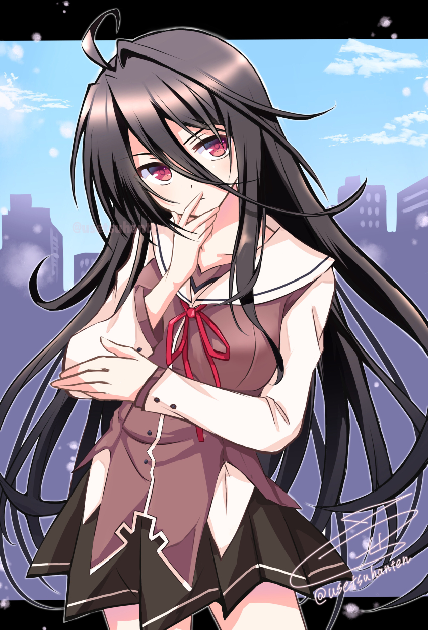 1girl absurdres ahoge arm_under_breasts black_hair black_skirt cityscape closed_mouth commentary_request cowboy_shot day floating_hair g-senjou_no_maou hair_between_eyes hand_to_own_mouth hand_up head_tilt highres light_blush long_hair long_sleeves looking_at_viewer miniskirt neck_ribbon outdoors pleated_skirt red_eyes red_ribbon ribbon sailor_collar school_uniform sidelocks signature skirt solo standing thinking twitter_username usami_haru usetsusakon2 v-shaped_eyebrows very_long_hair white_sailor_collar