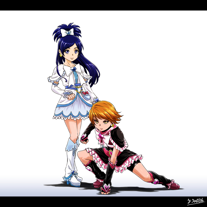 2girls absurdres arm_support artist_name black_footwear black_gloves black_shirt black_skirt blue_hair boots bow brooch brown_eyes brown_hair closed_mouth commentary cure_black cure_white dress earrings fingerless_gloves frilled_skirt frills frown futari_wa_precure futari_wa_precure_max_heart gloves half_updo heart heart_brooch heart_earrings highres jewelry letterboxed long_hair looking_at_viewer magical_girl miniskirt misumi_nagisa multiple_girls precure satou_yasu shadow shirt short_dress short_hair signature simple_background skirt smile squatting standing swept_bangs white_bow white_dress white_footwear yellow_eyes yukishiro_honoka