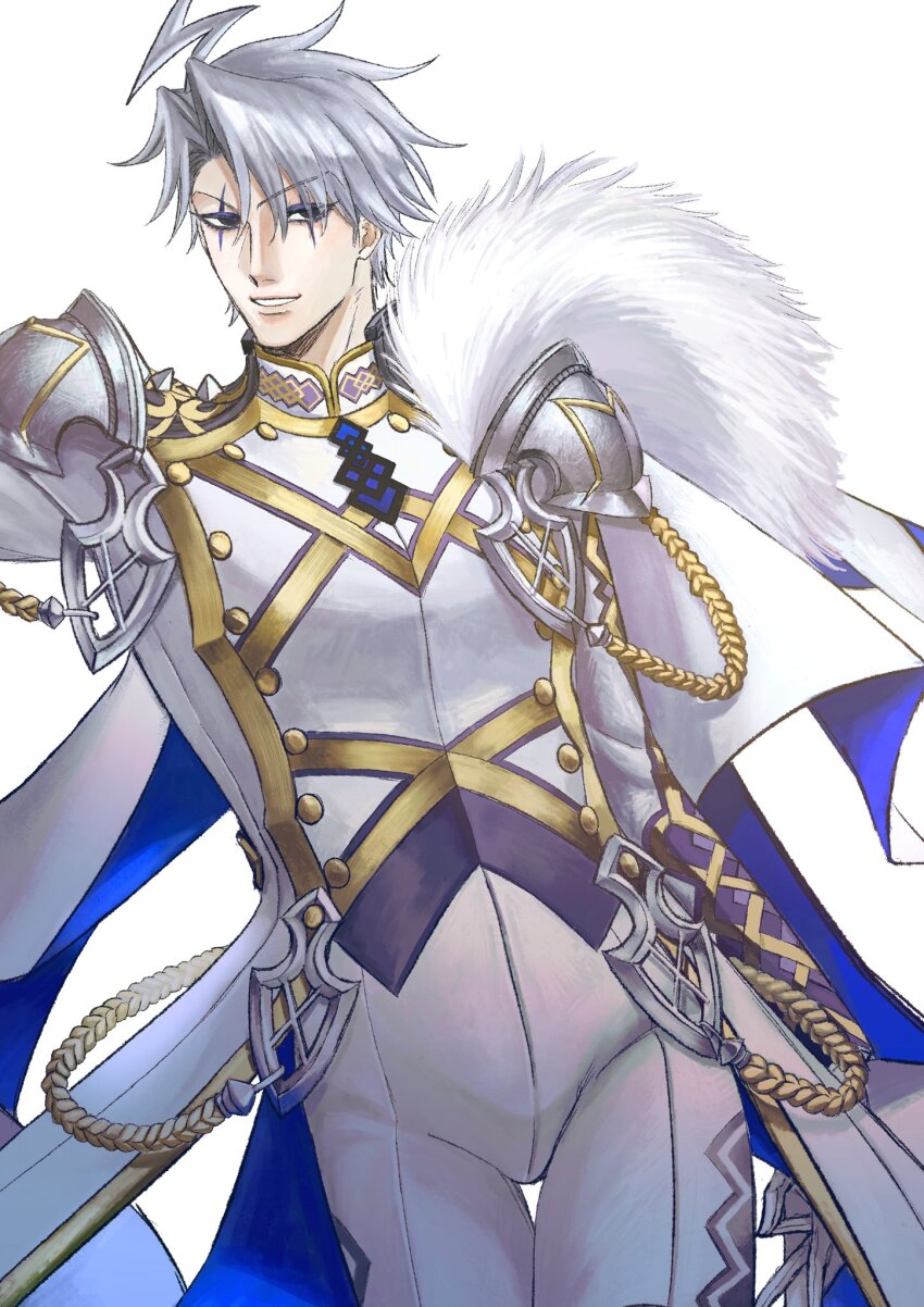 1boy ahoge aiguillette armor black_eyes blue_cape buttons cape capelet cowboy_shot double-breasted facial_mark fate/grand_order fate_(series) fur-trimmed_cape fur_trim gloves grey_hair hair_between_eyes high_collar highres jacket james_moriarty_(ruler)_(fate) lightning_ahoge long_sleeves looking_at_viewer male_focus open_mouth pants pauldrons saku2525327 short_hair shoulder_armor side_cape simple_background smile solo two-sided_cape two-sided_fabric two-tone_cape white_background white_capelet white_gloves white_jacket