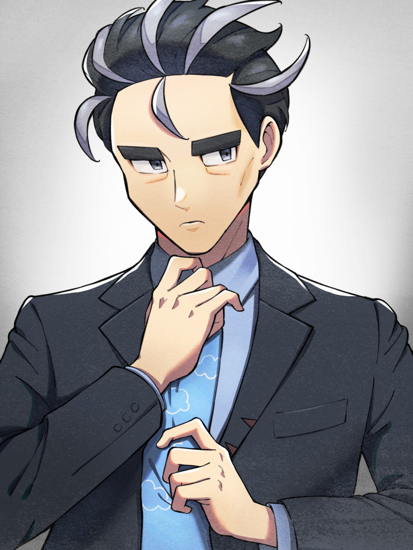 1boy adjusting_clothes adjusting_necktie black_hair black_jacket buttons closed_mouth collared_shirt commentary_request frown grey_eyes grey_hair highres jacket larry_(pokemon) long_sleeves male_focus multicolored_hair necktie nintendo nori_(hgdm2784) open_clothes open_jacket pokemon pokemon_sv shirt short_hair solo streaked_hair two-tone_hair upper_body