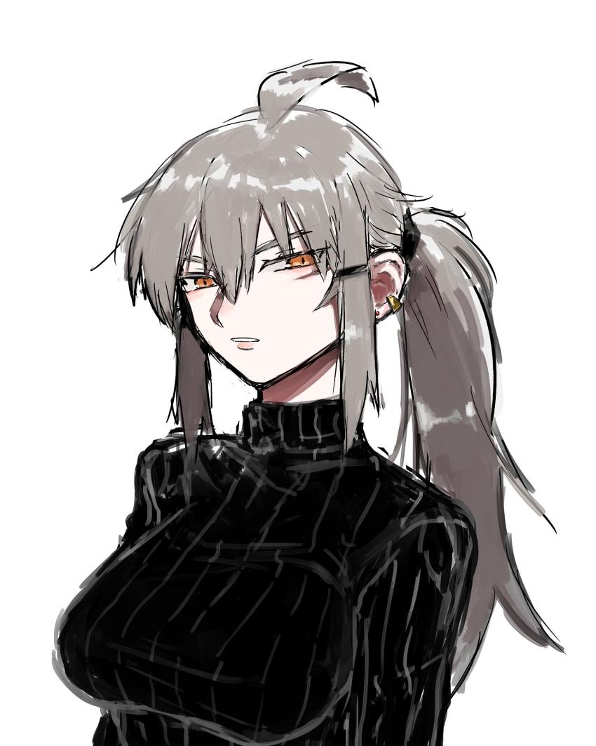 1girl agtt25333 alternate_hairstyle black_sweater breasts earrings scar_on_face gangut_(kancolle) grey_hair hair_between_eyes hair_ribbon highres jewelry kantai_collection large_breasts long_hair looking_at_viewer orange_eyes ponytail ribbon scar scar_on_cheek scar_on_face simple_background sweater white_background