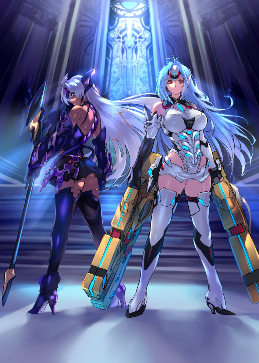 2girls blue_hair boots breasts closed_mouth dark-skinned_female dark_skin floating_hair forehead_protector glowing_crystal high_heels highres holding holding_weapon indoors kos-mos kos-mos_re: large_breasts legs_apart leotard light_blue_hair long_hair looking_at_viewer looking_back multiple_girls negresco red_eyes standing t-elos t-elos_re: thigh_boots thighhighs very_long_hair weapon wind xenoblade_chronicles_(series) xenoblade_chronicles_2 xenosaga
