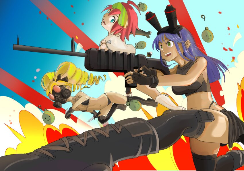 3girls absurdres ass bikini blonde_hair blue_eyes blue_hair blue_sky breasts ch4d85 cleavage explosive green_eyes grenade gun highres large_breasts long_hair luluco medium_breasts multiple_girls muzzle_(trigger) red_hair rifle short_hair sky sniper_rifle spring_(trigger) studio_trigger swimsuit thick_thighs thighs trigger-chan uchuu_patrol_luluco weapon