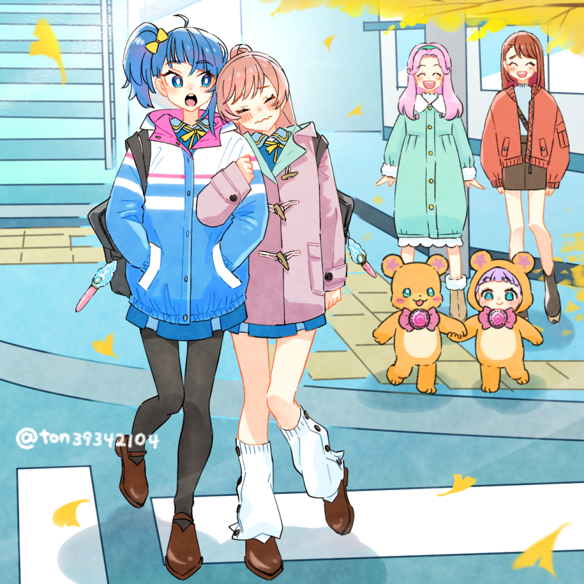 6+girls ahoge animal_costume aqua_eyes arm_garter artist_name autumn_leaves bag bear_costume black_pantyhose black_skirt blue_coat blue_dress blue_eyes blue_hair blush bow bright_pupils brown_footwear brown_hair carrying casual closed_eyes closed_mouth coat commentary cut_bangs day dress ellee-chan frown green_dress green_hairband hair_bow hair_bun hairband hanami_kotoha hands_in_pockets hijiri_ageha hirogaru_sky!_precure holding_hands hood hood_down hooded_coat jacket leaf locked_arms long_hair long_sleeves looking_at_another loose_socks mahou_girls_precure! medium_hair miniskirt mirage_pen mofurun_(mahou_girls_precure!) multiple_girls neck_ribbon nijigaoka_mashiro open_mouth outdoors pantyhose pink_coat pink_hair pleated_dress precure red_jacket ribbon road school_bag school_uniform shoes short_dress side_ponytail single_hair_bun single_sidelock skirt smile socks sora_harewataru sorashido_academy_school_uniform stairs standing street stuffed_animal stuffed_toy teddy_bear thighhighs toggles ton_(ton39342104) twitter_username walking wavy_mouth white_pupils white_socks winter_uniform yellow_ribbon