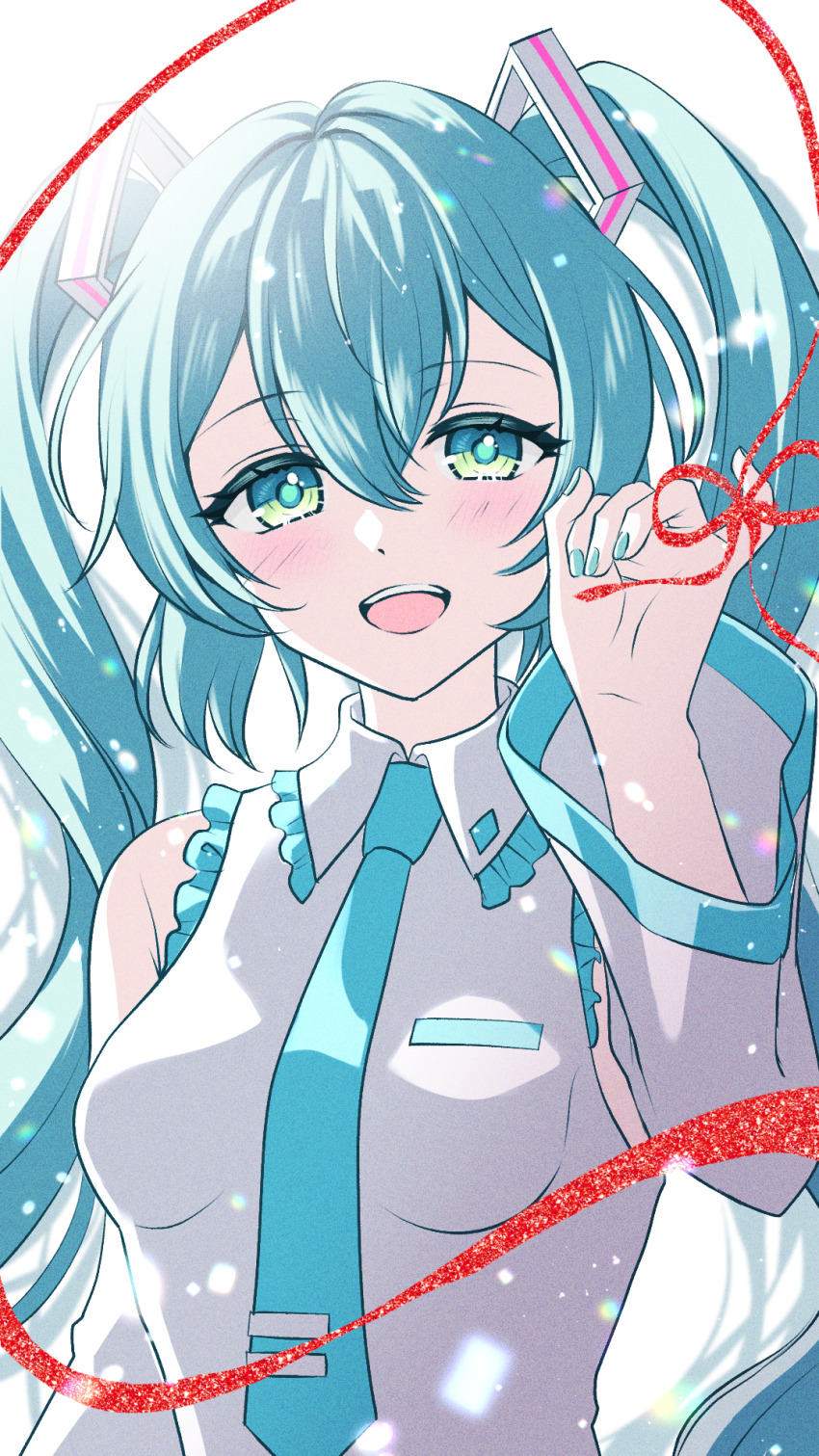 1girl aqua_eyes aqua_hair aqua_nails aqua_necktie blush breasts detached_sleeves frills grey_shirt hatsune_miku highres long_hair long_sleeves looking_at_viewer necktie open_mouth shirt small_breasts smile solo string string_of_fate tateko25wiz twintails upper_body vocaloid