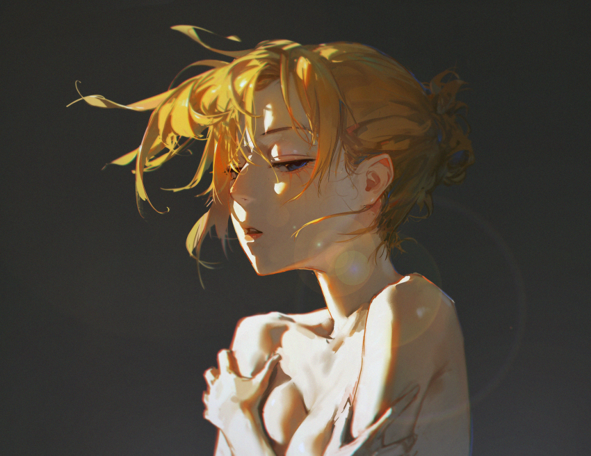 1girl annie_leonhart bare_shoulders blonde_hair blue_eyes breasts cleavage commentary dino_(dinoartforame) english_commentary facial_mark grey_background half-closed_eyes half_updo highres holding_own_arm lens_flare looking_down medium_breasts parted_lips shingeki_no_kyojin short_hair sidelighting sidelocks solo teeth topless_female upper_teeth_only