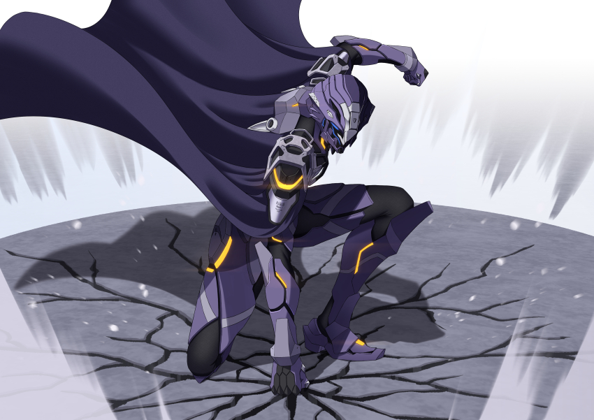 1boy absurdres armor cape clenched_hands crack cracked_floor fate/grand_order fate_(series) full_armor helmet highres ka_ki_o male_focus odysseus_(fate) shockwave superhero_landing