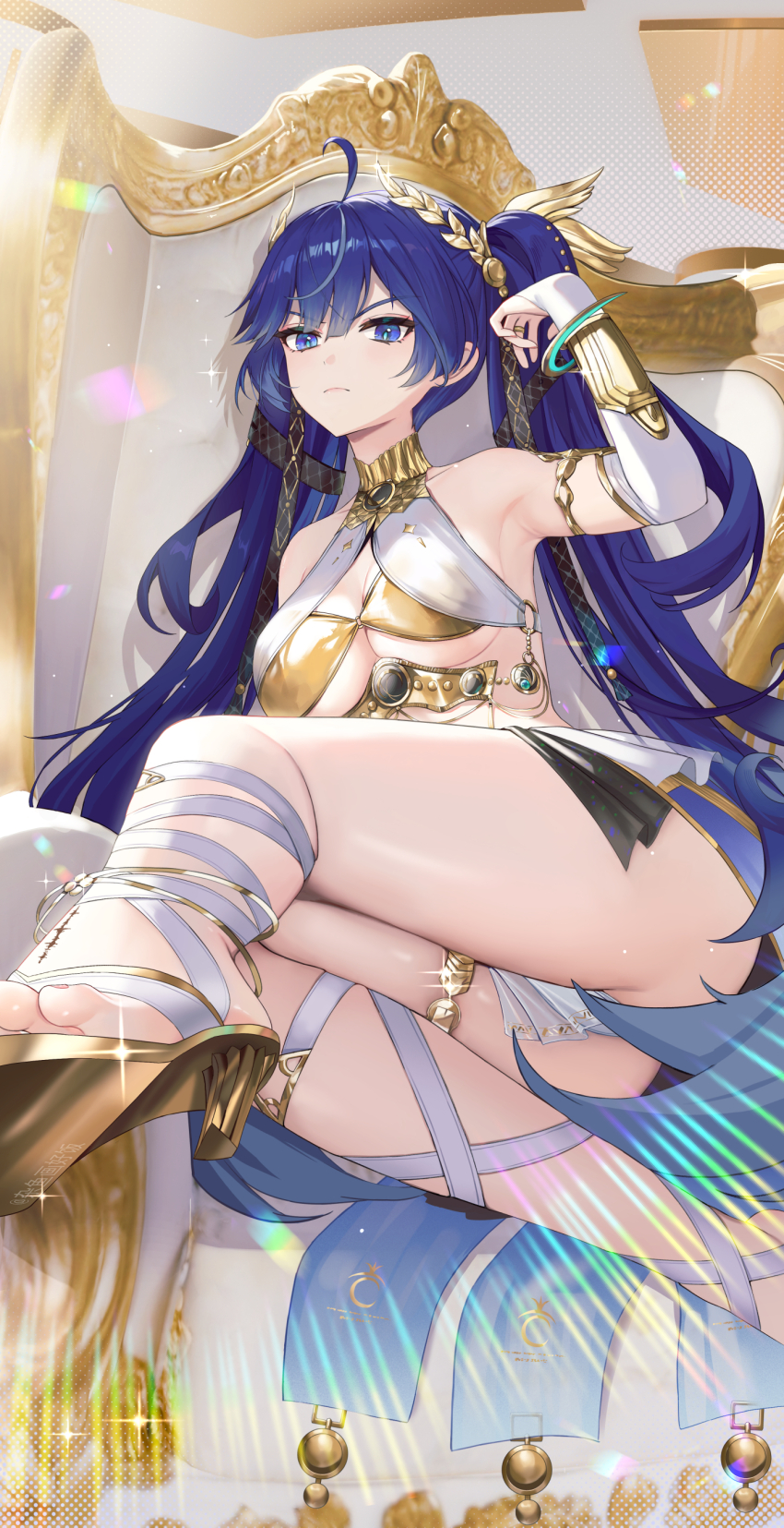 1girl absurdres ahoge armpits ass bare_legs bare_shoulders blue_eyes blue_hair breasts closed_mouth commentary feet gold_bra hair_belt hair_ornament hand_up head_wreath high_heel_sandals highres iuno_(wuthering_waves) legs long_hair looking_at_viewer medium_breasts sandals solo thighs toes twintails underboob very_long_hair wuthering_waves zayur