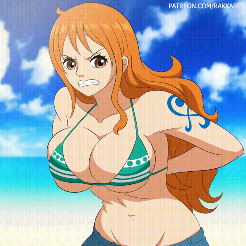 1girl angry animated animated_gif arm_tattoo artist_name bare_shoulders beach blue_sky blush breasts breasts_out brown_eyes cloud collarbone denim female_focus jeans large_breasts long_hair nami_(one_piece) nami_(one_piece)_(return_to_sabaody) nipples ocean official_alternate_costume one_piece orange_hair outdoors pants patreon_username rakara11_(rakkarts) shoulder_tattoo sky solo source_request tattoo wardrobe_malfunction water watermark web_address