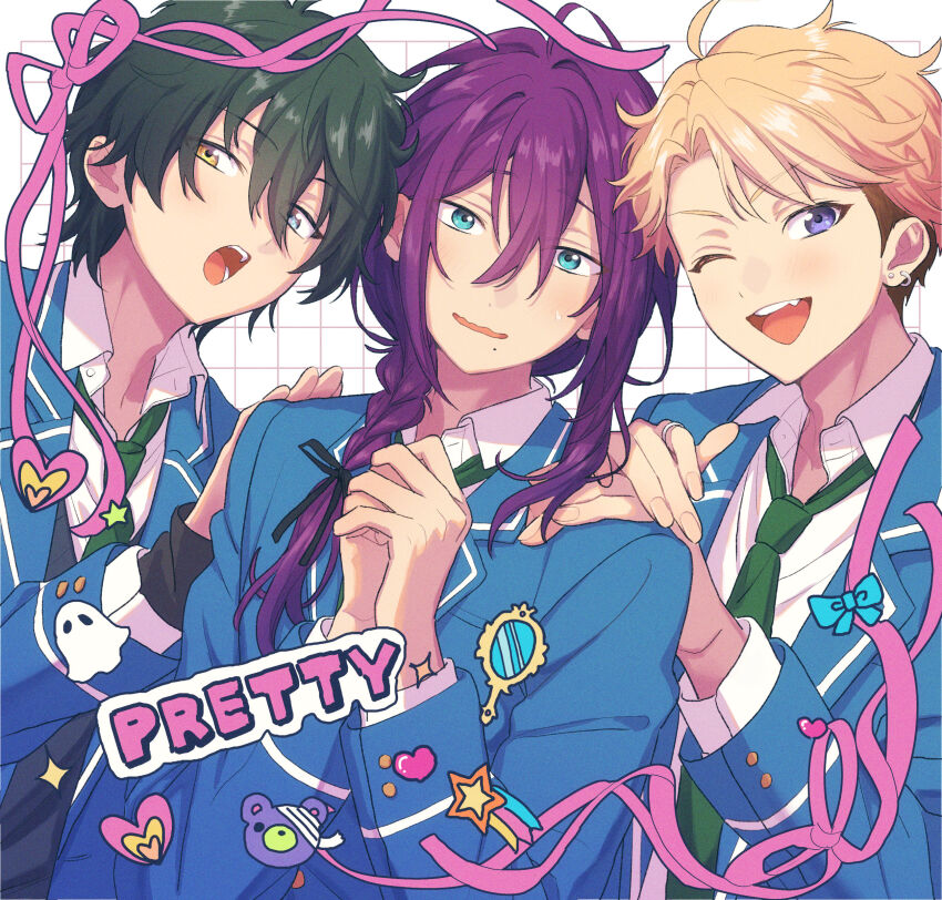 0000972 3boys :o ;d absurdres ahoge aqua_eyes ayase_mayoi behind_another bishounen black_hair black_sweater blonde_hair blue_eyes blue_jacket braid braided_ponytail collared_shirt curtained_hair double-parted_bangs earrings ensemble_stars! fang film_grain green_necktie grid_background hair_between_eyes hair_over_shoulder hand_on_another&#039;s_shoulder hands_on_another&#039;s_shoulder heads_together heterochromia highres inset_border jacket jewelry kagehira_mika layered_clothes layered_sleeves long_hair long_sleeves male_focus multiple_boys narukami_arashi necktie nervous one_eye_closed open_collar open_mouth own_hands_together purple_eyes purple_hair ribbon_border ring school_uniform shirt short_hair side-by-side side_braid side_part smile sweatdrop sweater sweater_under_jacket teeth undercut upper_body wavy_mouth white_background white_shirt wing_collar yellow_eyes yumenosaki_school_uniform