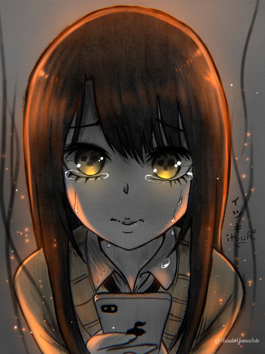 apple_inc. artist_name closed_mouth cover cover_page crying crying_with_eyes_open derivative_work fire grey_background harutoyumaarts highres holding holding_phone horrified long_hair looking_at_viewer manga_cover mieruko-chan phone scared smoke smoke_trail sweater tears twitter_username yellow_eyes yotsuya_miko