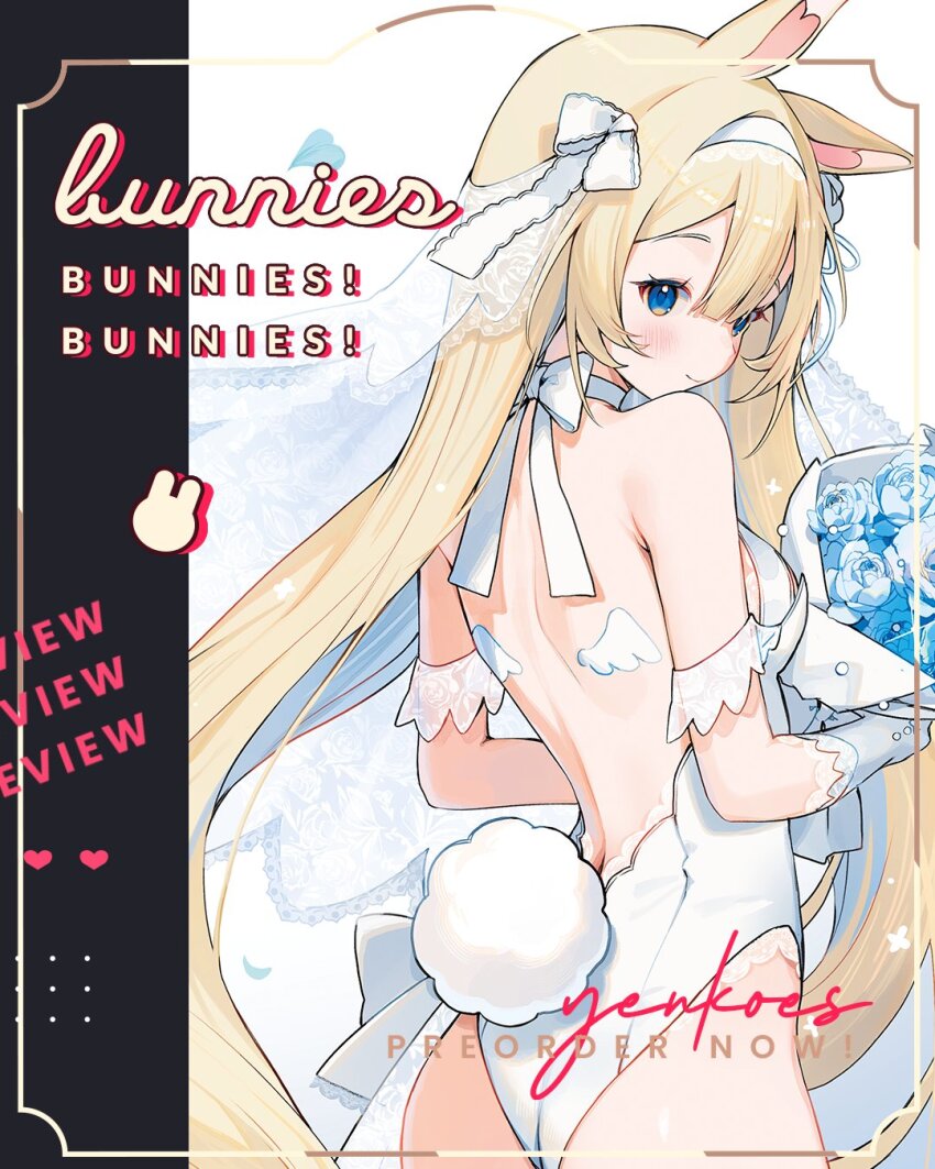 1girl angel_wings animal_ears back_tattoo backless_leotard bare_back bare_shoulders beads blonde_hair blue_flower blue_rose bouquet bow bow_choker breasts choker commentary cowboy_shot detached_sleeves english_commentary flower from_behind gloves grey_gloves hair_bow hair_ribbon hairband heart highres holding holding_bouquet lace lace-trimmed_bow lace-trimmed_gloves lace-trimmed_leotard lace_sleeves lace_trim lace_veil leotard light_particles long_hair looking_at_viewer looking_back medium_breasts original playboy_bunny rabbit_ears rabbit_girl rabbit_tail ribbon rose short_sleeves shoulder_blades sideboob solo standing tail tattoo veil very_long_hair white_background white_bow white_choker white_hairband white_leotard white_ribbon white_sleeves white_veil wing_tattoo wings yenkoes