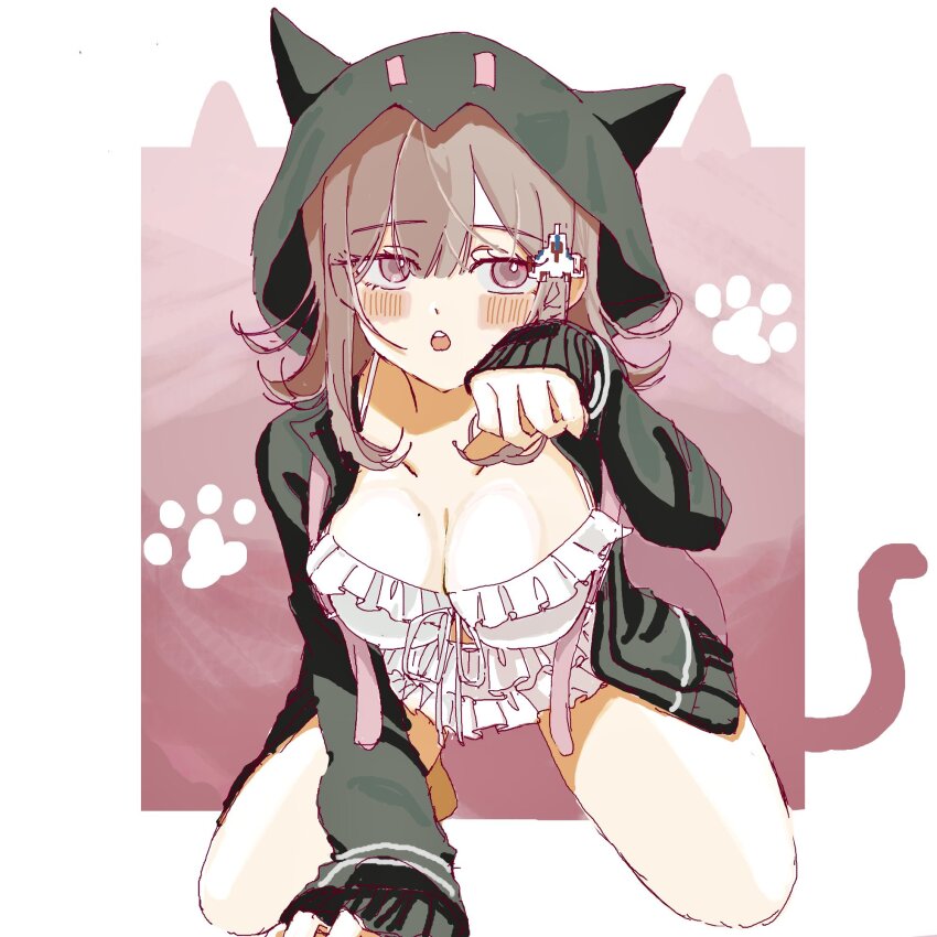 1girl :o bikini breasts brown_hair cat_girl cat_tail cho_koko-kyu_no_washi danganronpa_(series) danganronpa_2:_goodbye_despair flipped_hair frilled_bikini frills galaga highres jacket long_sleeves looking_at_viewer medium_hair nanami_chiaki open_clothes open_jacket pink_eyes solo swimsuit tail white_bikini