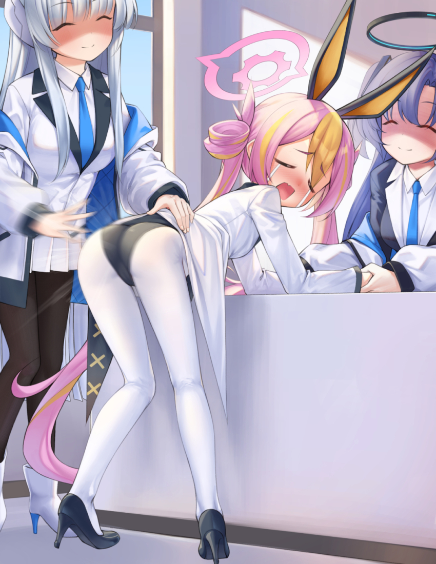 3girls ^_^ angry animal_ears ass black_panties black_pantyhose blonde_hair blue_archive blush cameltoe cat_cube closed_eyes clothes_lift collared_shirt crying dress_shirt fang formal_clothes halo high_heels highres holding_hands kneepits koyuki_(blue_archive) koyuki_(bunny)_(blue_archive) lab_coat long_hair long_sleeves mechanical_halo motion_lines multicolored_hair multiple_girls necktie noa_(blue_archive) open_mouth panties pantyhose petite pink_hair pink_halo pleated_skirt punishment purple_hair rabbit_ears restrained shaded_face shirt shirt_lift skirt spanking suit twintails two-tone_hair underwear very_long_hair white_hair white_pantyhose yuuka_(blue_archive)