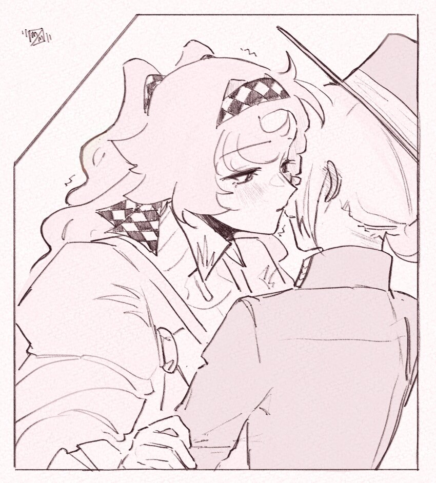 2girls absurdres blush checkered_hairband coat dress ear_blush gloves greyscale hair_bun hairband hand_on_another&#039;s_arm hat highres long_hair monochrome multiple_girls murmew parted_lips reverse:1999 single_side_bun sonetto_(reverse:1999) top_hat two_side_up vertin_(reverse:1999)