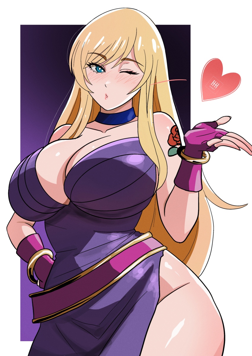 1girl absurdres aqua_eyes arm_tattoo b._jenet bare_shoulders belt blonde_hair blowing_kiss blue_choker breasts choker cleavage dress egs fatal_fury fatal_fury:_city_of_the_wolves fingerless_gloves flower_tattoo garou:_mark_of_the_wolves gloves hand_on_own_hip heart highres ihsnet index_finger_raised large_breasts long_hair loose_belt map one_eye_closed pink_gloves pink_lips puckered_lips purple_dress side_slit sideboob snk solo tattoo the_king_of_fighters thighs wink