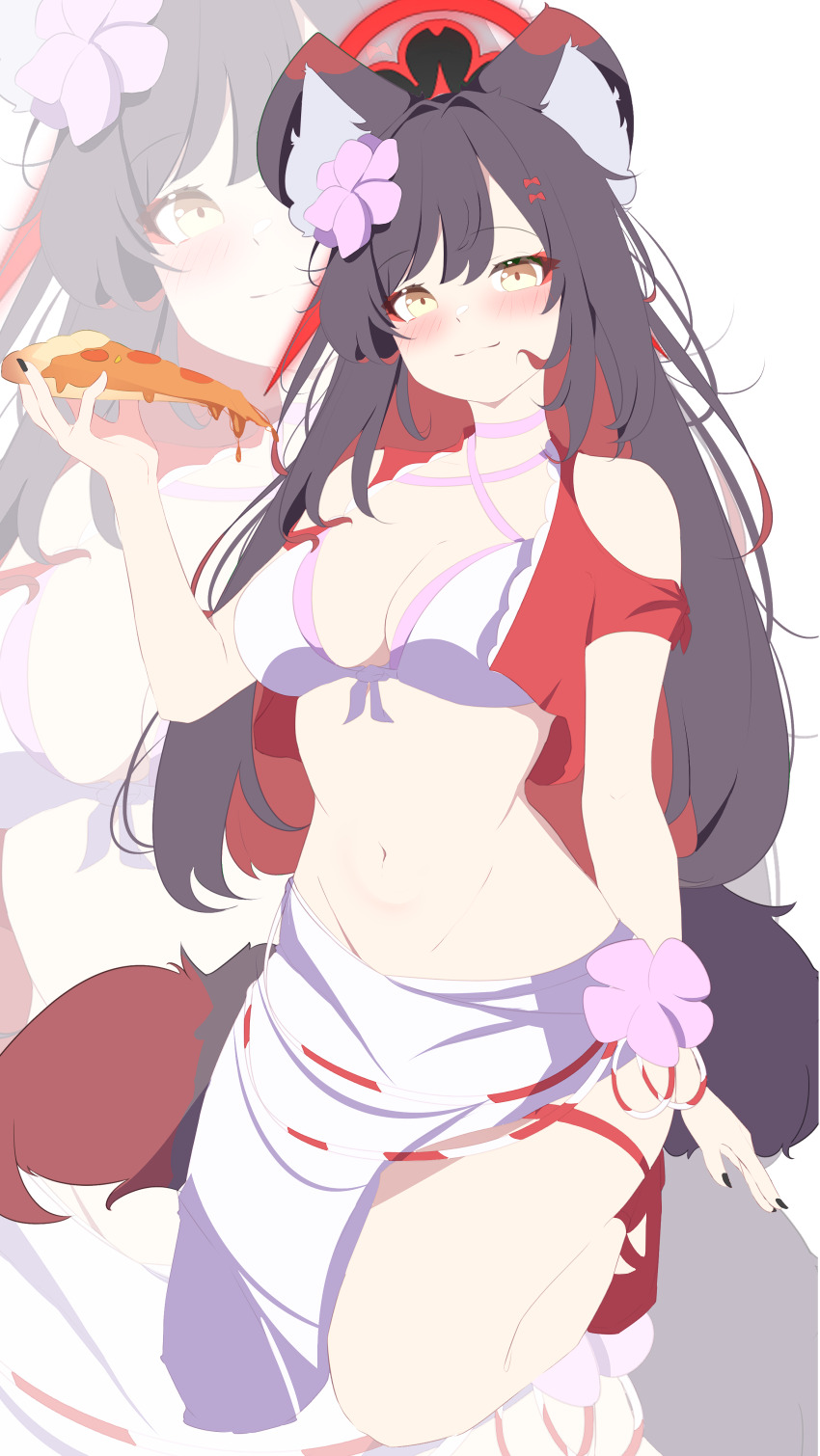 1girl absurdres animal_ear_fluff animal_ears austsue bikini black_hair black_nails blue_archive blush breasts cleavage closed_mouth colored_inner_hair food fox_ears fox_girl hair_between_eyes highres holding holding_food holding_pizza long_hair looking_at_viewer multicolored_hair official_alternate_costume pizza sidelocks skirt swimsuit two-tone_hair wakamo_(blue_archive) wakamo_(pizza_hut)_(blue_archive) white_bikini white_skirt yellow_eyes