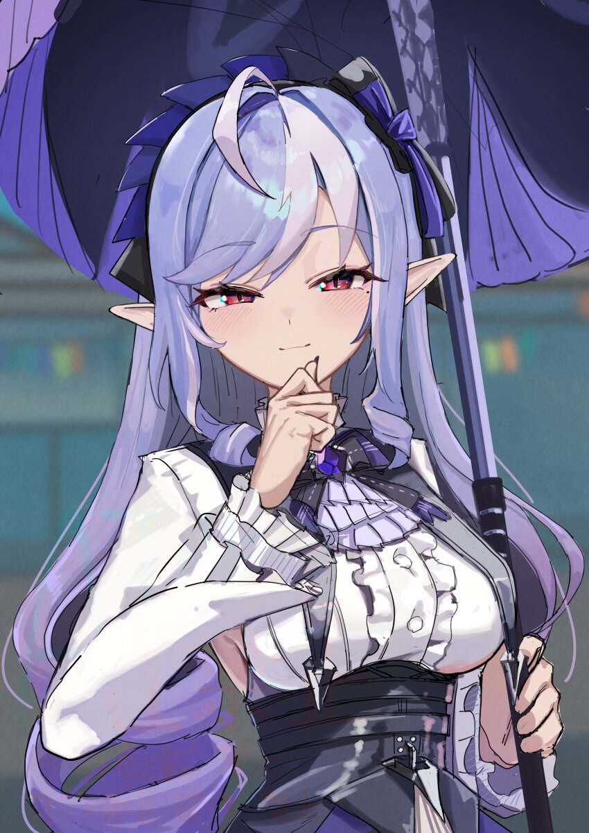 1girl absurdres ascot bow bowtie center_frills dondobi frills highres holding holding_umbrella mole mole_under_eye parasol pointy_ears purple_ascot purple_bow purple_bowtie purple_hair purple_umbrella solo umbrella upper_body vivian_(zenless_zone_zero) zenless_zone_zero
