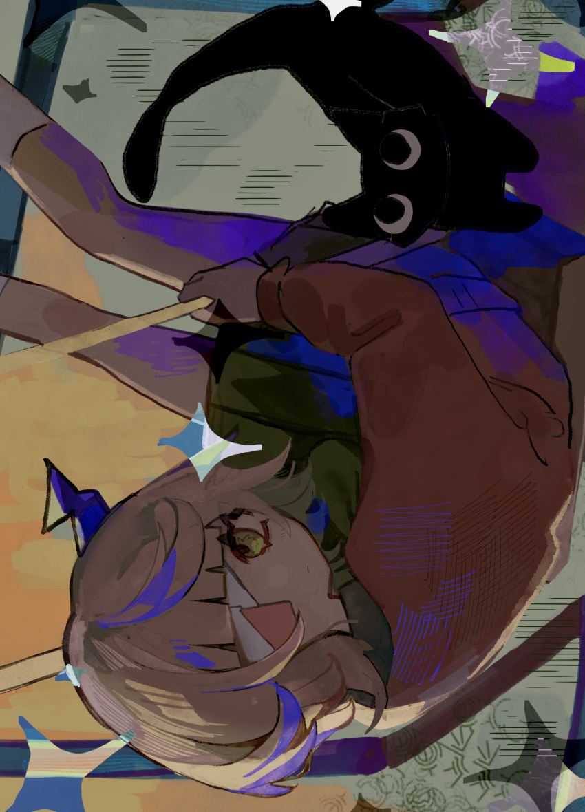 1girl absurdres bandaged_head bandages black_horns blonde_hair blunt_bangs cat cellphone collared_shirt expressionless eyepatch green_eyes green_neckerchief green_skirt highres horns kneehighs long_sleeves looking_at_viewer miniskirt neckerchief phone phone_eyepatch pink_sweater puffy_sleeves ruru_(shinsei_kamattechan) shinsei_kamattechan shirt short_hair single_horn skirt slept_sui socks sweater upside-down white_shirt white_socks