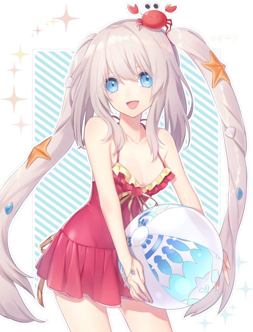 1girl :d animal animal_on_head ball bare_arms bare_shoulders beachball blue_eyes blue_outline bracelet breasts brown_ribbon cleavage collarbone commentary_request cowboy_shot crab crab_on_head eyes_visible_through_hair fate/grand_order fate_(series) female_focus frilled_swimsuit frills hair_between_eyes highres holding jewelry long_hair looking_at_viewer marie_antoinette_(fate) marie_antoinette_(swimsuit_caster)_(first_ascension)_(fate) medium_breasts natsutora on_head one-piece_swimsuit open_mouth outline pebble red_one-piece_swimsuit ribbon shell_hair_ornament shiny_skin sidelocks silver_hair smile solo sparkle sparkle_background standing starfish_hair_ornament striped_background swimsuit swimsuit_skirt twintails very_long_hair